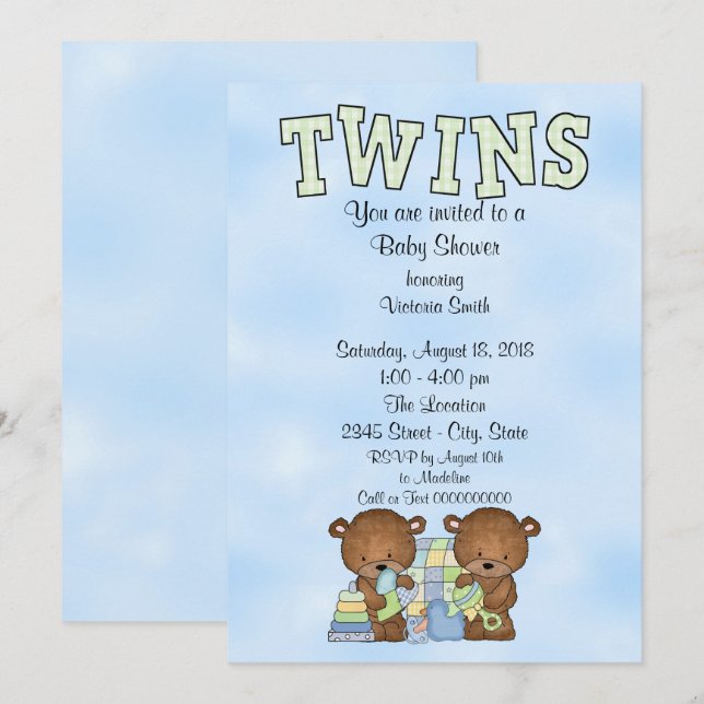 Invitation Baby shower Twin Boys Teddy Bear (Devant / Derrière)