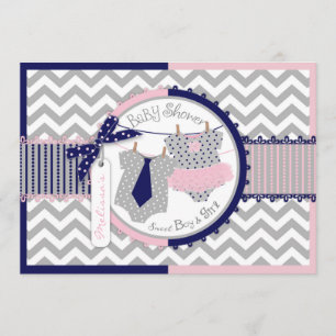 Invitation Baby shower Twin Cravate Tutu Chevron