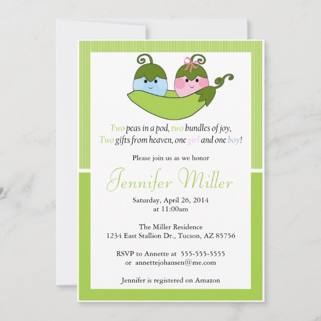 Invitation Baby shower Twin, Deux Pois Dans Un Poi (Devant)