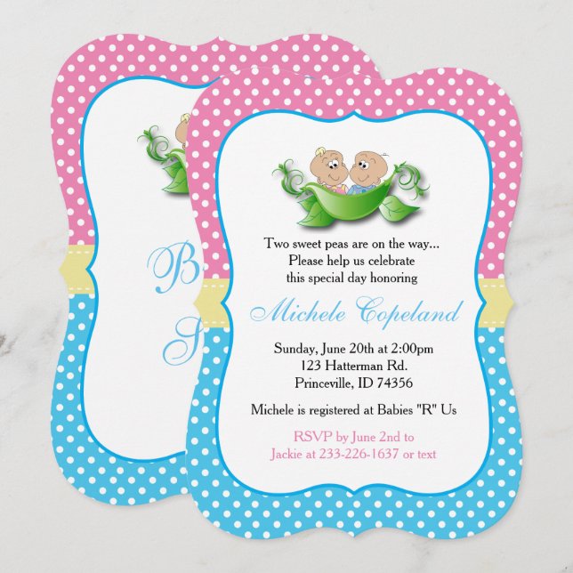Invitation Baby shower Twin - Deux Pois Dans Un Pois (Devant / Derrière)