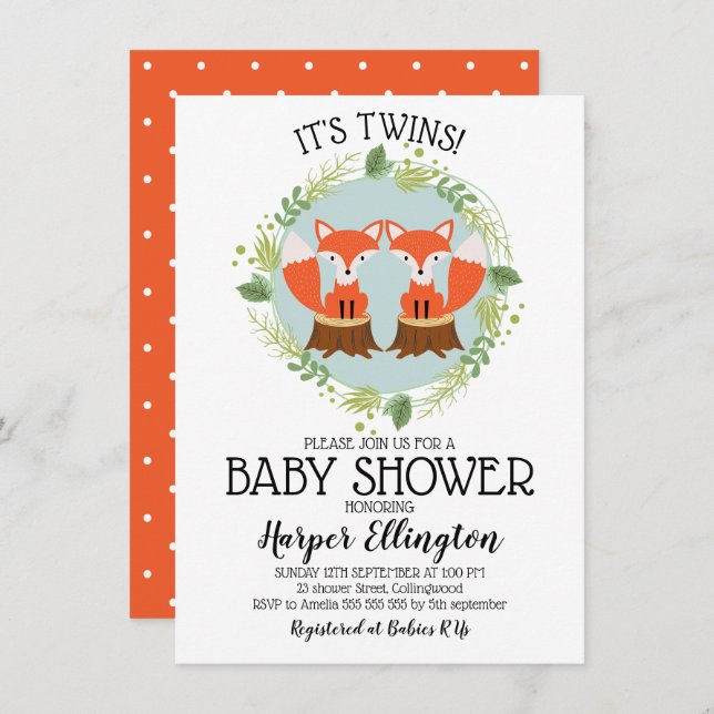 Invitation Baby shower Twin Fox (Devant / Derrière)