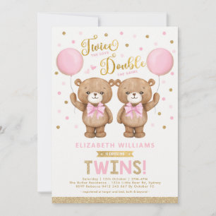 Invitation Baby shower Twin Girl Pink Or Teddy Bear Balloon