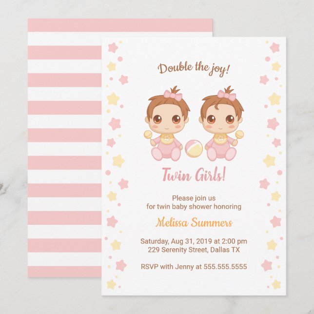 Invitation Baby shower Twin Girls (Devant / Derrière)