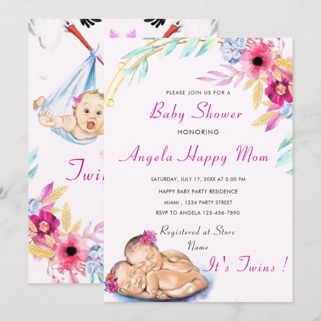 Invitation Baby shower Twin Girls - Couleur person (Devant / Derrière)