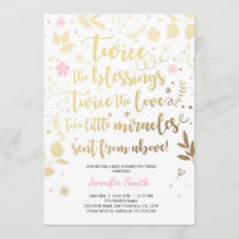 Invitation Baby shower Twin Gold Pink Girl