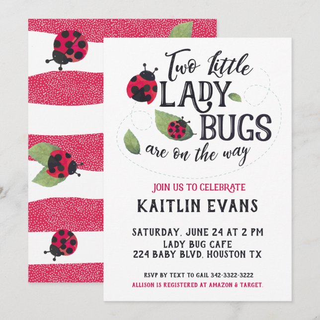 Invitation Baby shower Twin Ladybug (Devant / Derrière)