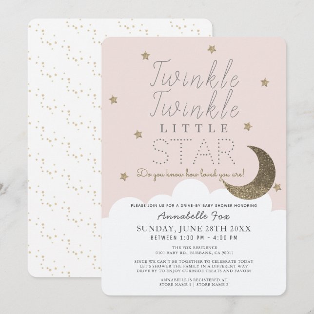 Invitation Baby shower Twinkle Little Star Pink Drive-by (Devant / Derrière)