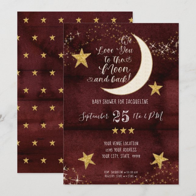 Invitation Baby shower Twinkle Little Star Red Burgundy Moon (Devant / Derrière)