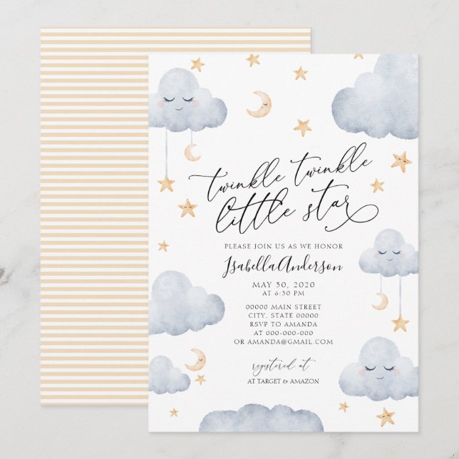 Invitation Baby shower Twinkle Little Star Yellow Stripes (Devant / Derrière)