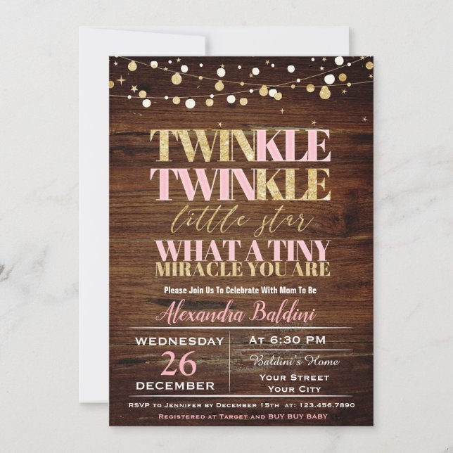 Invitation Baby shower Twinkle Twinkle pour filles (Devant)