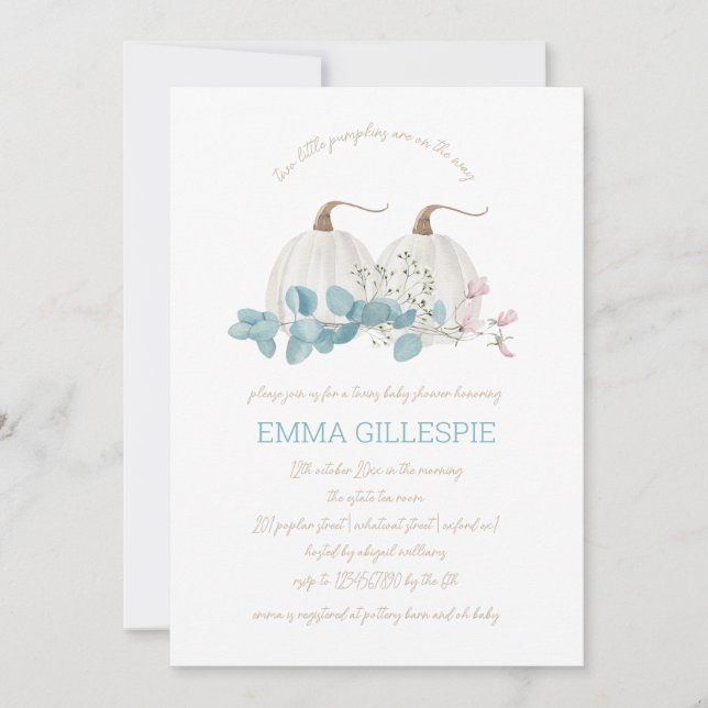 Invitation Baby shower Twins Automne Deux Petits Citrouilles (Devant)