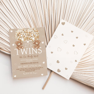 Invitation Baby shower Twins Bear Tan Ivory Hearts & Balloons