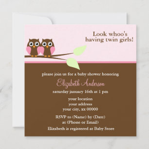 Invitation Baby shower Twins de la Chouette rose