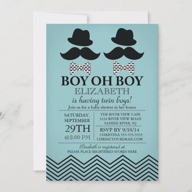 Invitation Baby shower TWINS de Little Man Mustache (Devant)