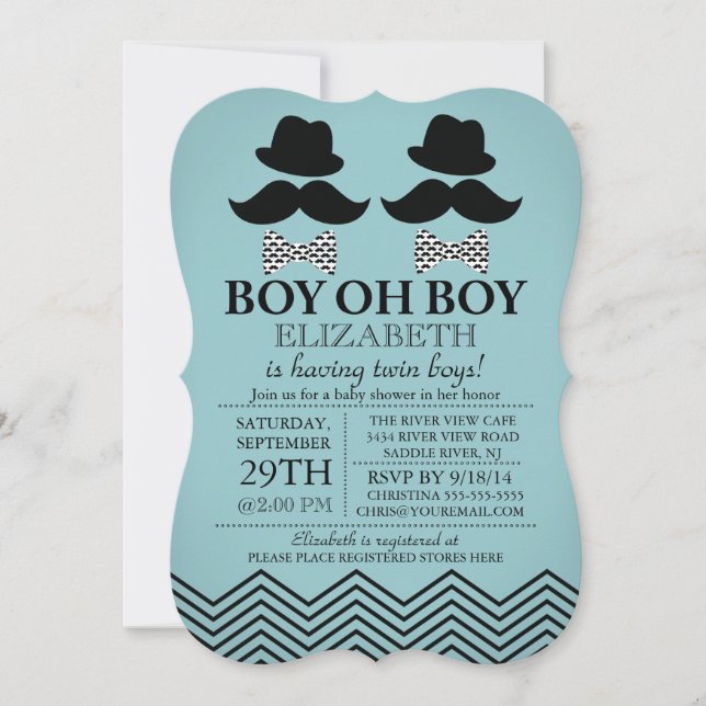 Invitation Baby shower TWINS de Little Man Mustache (Devant)