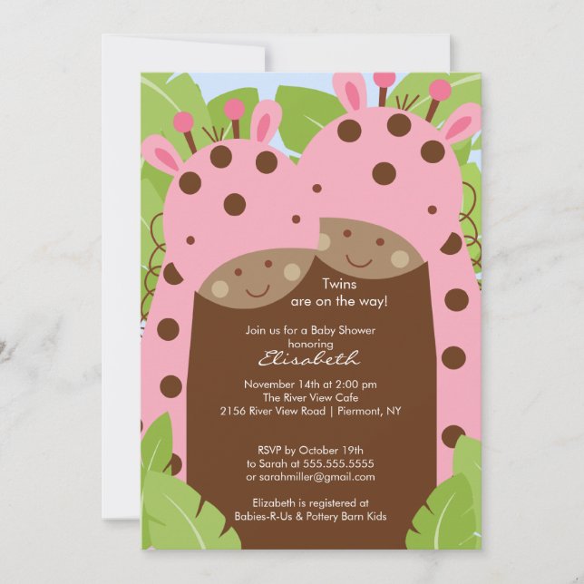 Invitation Baby shower Twins Girafe Filles roses (Devant)