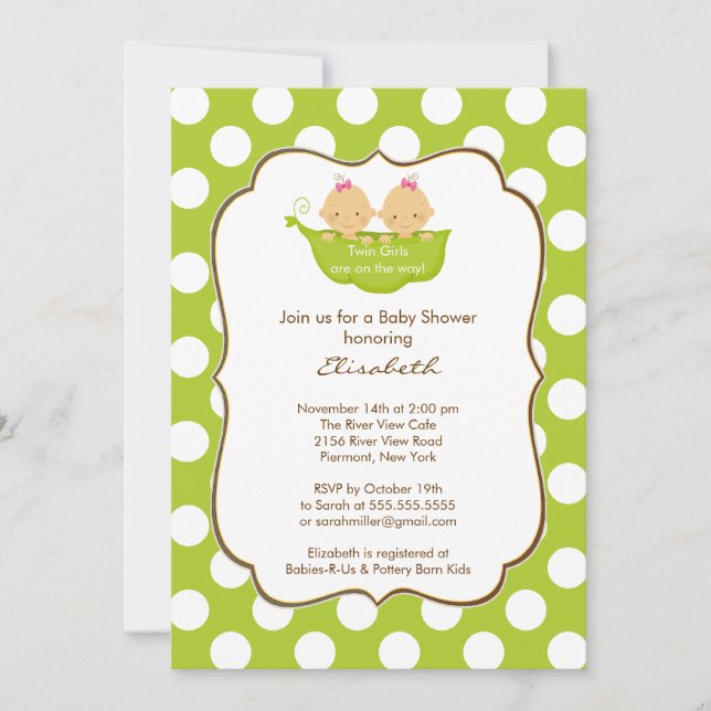Invitation Baby shower Twins Girls Little Pea Pod (Devant)