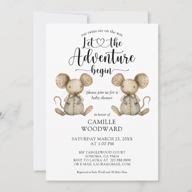 Invitation Baby shower Twins Little Mice (Devant)