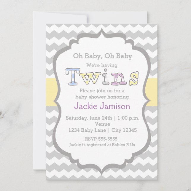Invitation Baby shower TWINS Unisex Chevron (Devant)