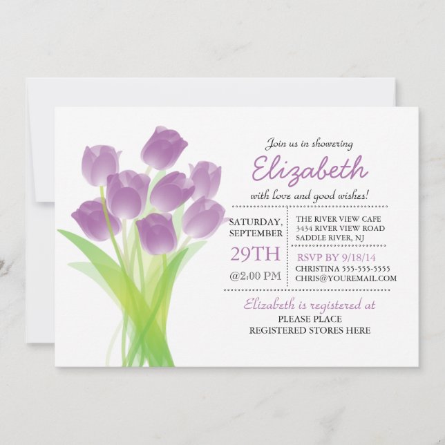 Invitation Baby shower typographique moderne de tulipe violet (Devant)