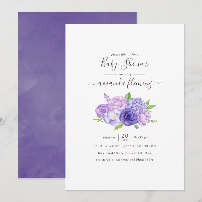 Invitation Baby Shower Ultra Violet Aquarelle Floral (Devant / Derrière)