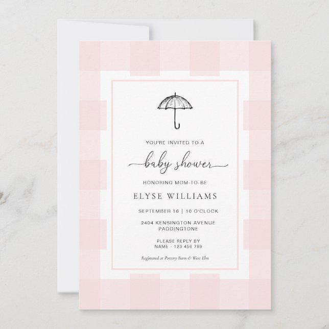 Invitation Baby shower Umbrella Pink En vichy (Devant)