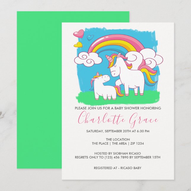 Invitation Baby shower Unicorn arc-en-ciel mignon (Devant / Derrière)