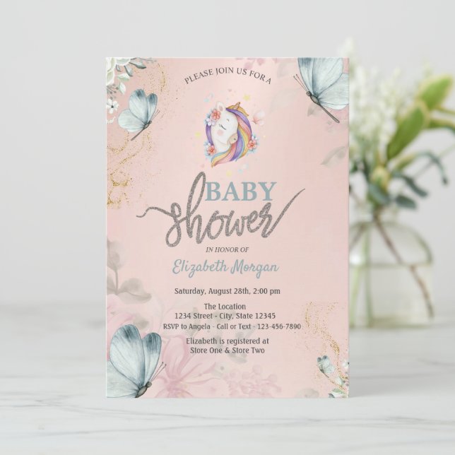 Invitation Baby shower Unicorn Blue Butterflies (Debout devant)