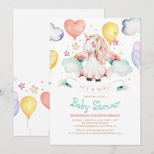 Invitation Baby shower Unicorn| C'est une fille (Devant / Derrière)