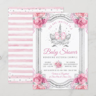 Invitation Baby shower Unicorn de diamants d'argent rose