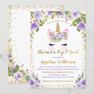 Invitation Baby shower Unicorn Par Mail Gold Purple Floral