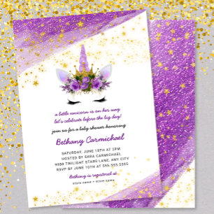 Invitation Baby shower Unicorne d'or violet