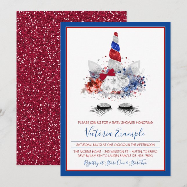 Invitation Baby shower Unicorne Patriotique Filles (Devant / Derrière)