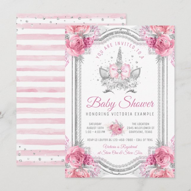 Invitation Baby shower Unicorne rose en argent (Devant / Derrière)