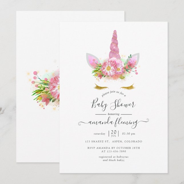 Invitation Baby shower Unicorne rose et or (Devant / Derrière)