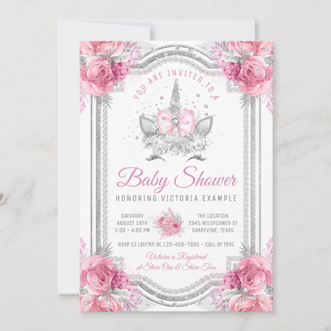 Invitation Baby shower Unicorne rose gris argent (Devant)