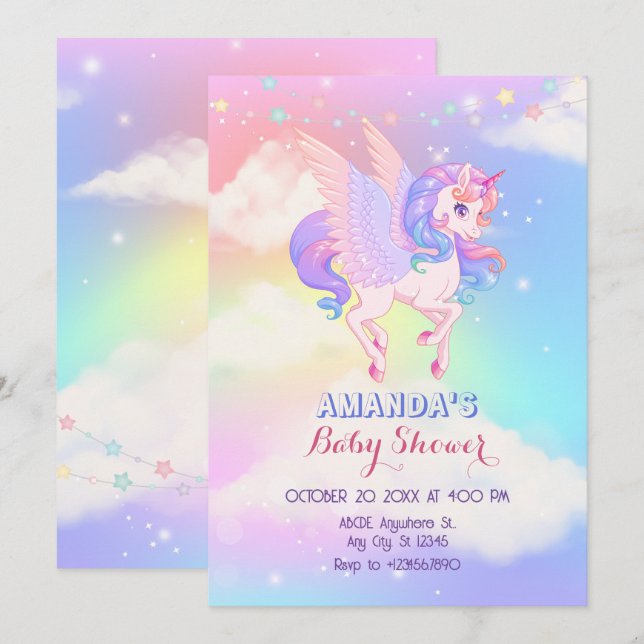 Invitation Baby shower Unicorne rose violet (Devant / Derrière)