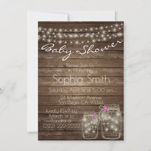 Invitation Baby shower unique en bois rustique Mason Jar (Devant)