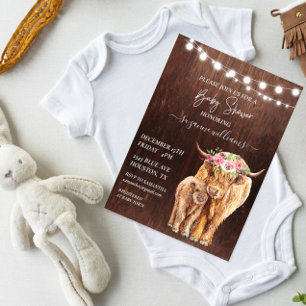 Invitation Baby Shower Vache Highland Veau Bois Rustique 
