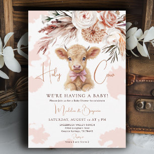 Invitation Baby Shower Vacherin Country avec un Nœud Rose pou