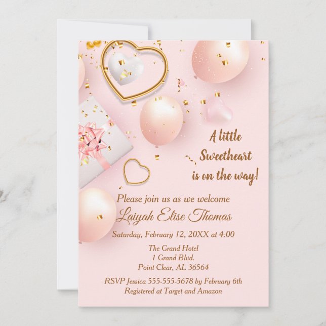 Invitation Baby shower Valentin rose et or (Devant)