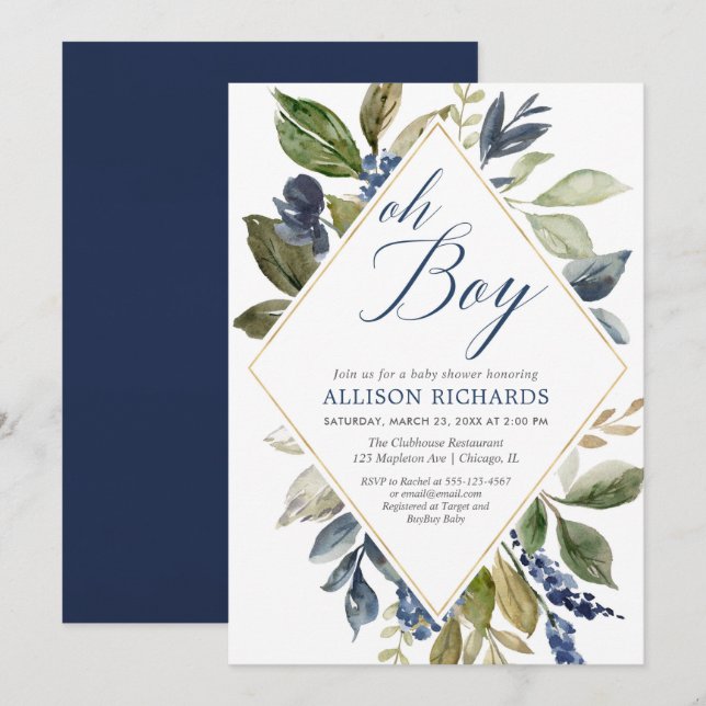 Invitation Baby shower verdoyant, bleu marine feuillage vert  (Devant / Derrière)