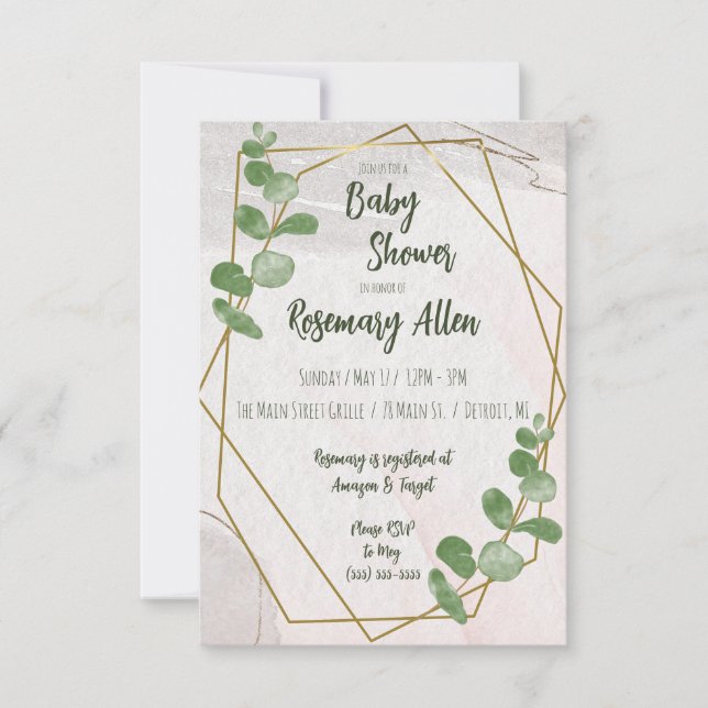 Invitation Baby shower verdoyant, ivoire et cadre or (Devant)