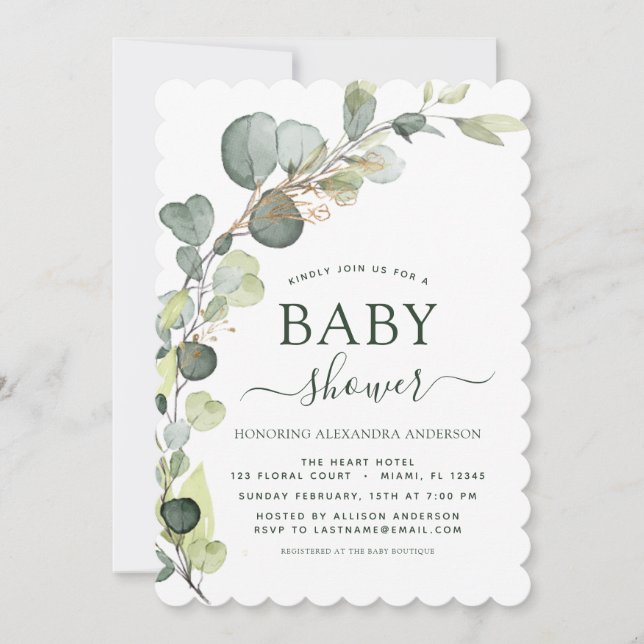 Invitation Baby shower Verdure Eucalyptus Botanique Élégant (Devant)