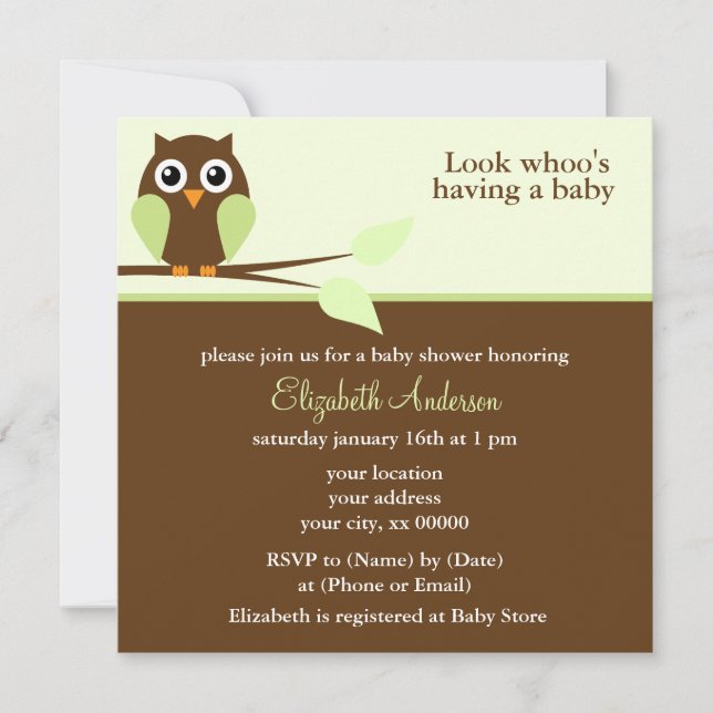 Invitation Baby shower vert adorable de hibou (Devant)