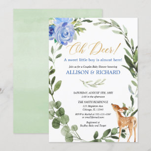 Invitation Baby shower vert bleu or bébé cerfs couples