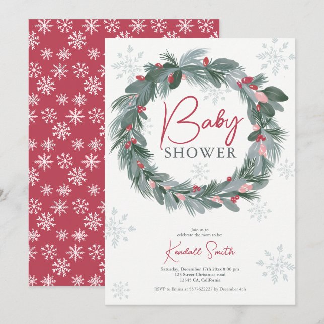 Invitation Baby shower vert bleu rouge floral couronne de Noë (Devant / Derrière)