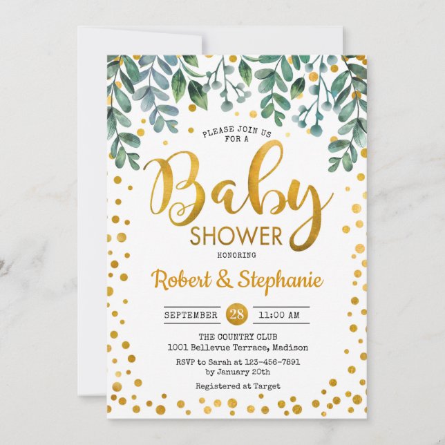 Invitation Baby shower - Vert Botanique Or (Devant)
