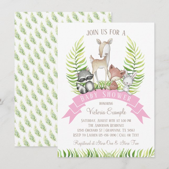 Invitation Baby shower vert de la forêt de filles (Devant / Derrière)