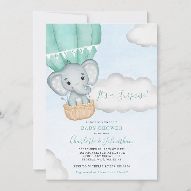 Invitation Baby shower vert de la menthe d'éléphant neutre (Devant)